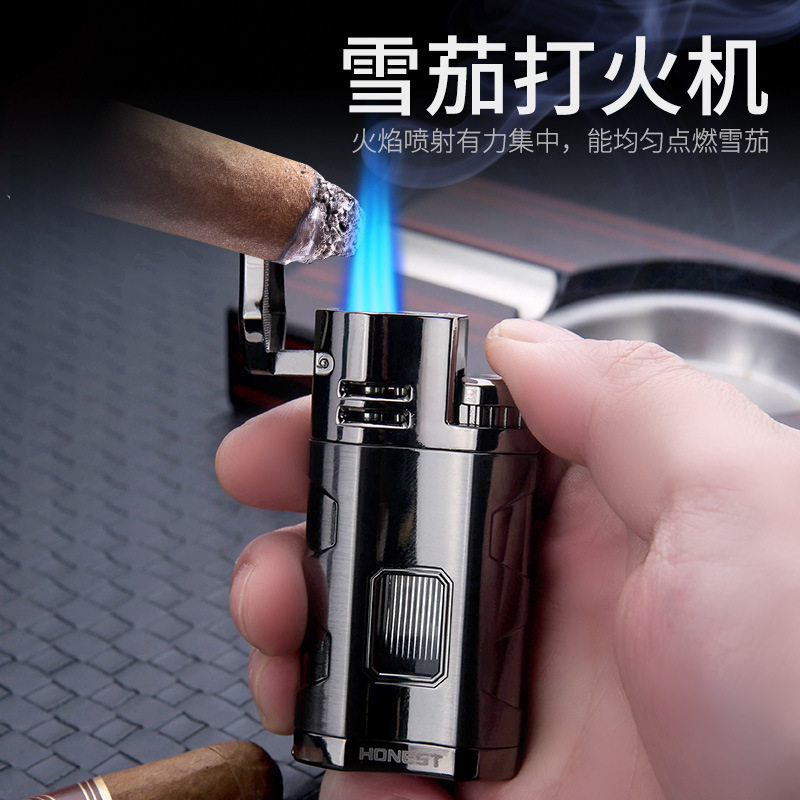 百诚个性多功能三直冲蓝火充气打火机金属配雪茄钻观气窗礼品