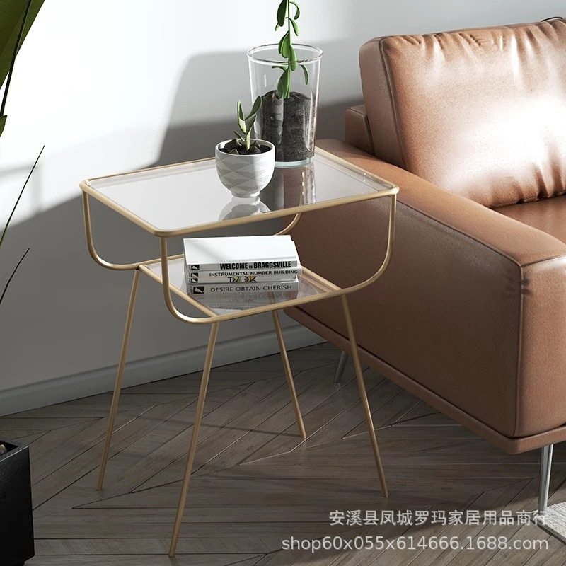 北欧简约现代创意玻璃铁艺茶几客厅沙发边几角几金色床头柜小边