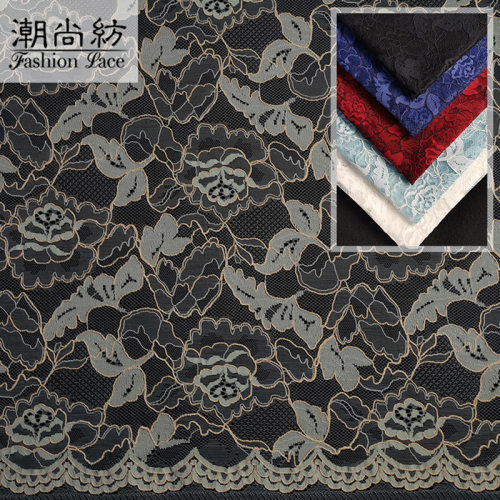 新款股线黑纱无弹蕾丝面料 双色镂空波浪边蕾丝 服装蕾丝面料