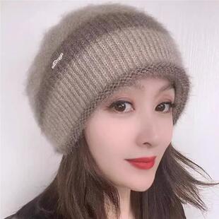 松鼠绒双层针织时尚百搭冬季堆堆帽女士编织韩版保暖帽秋冬帽子女