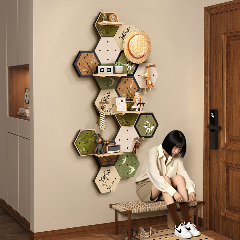 实木玄关入户门洞洞板置物架