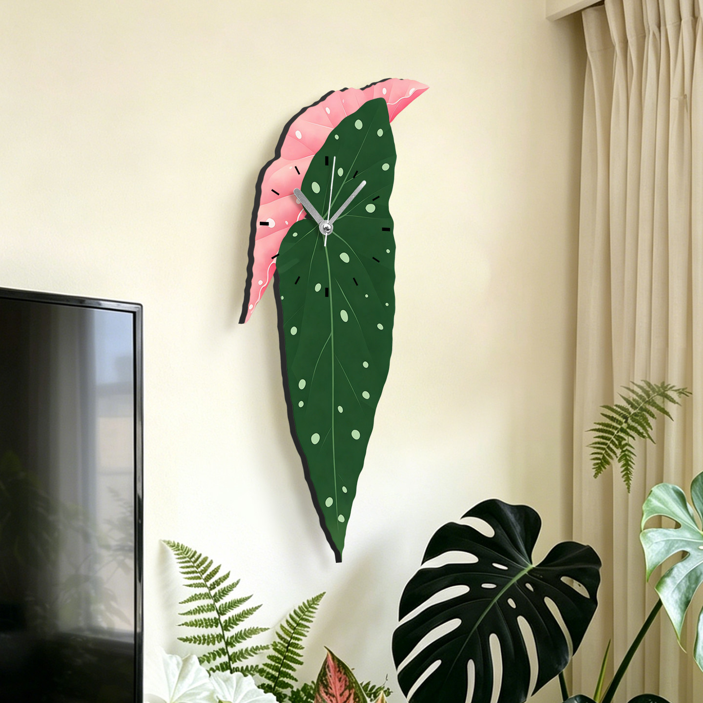 热带绿叶植物静音装饰挂墙钟表客厅创意绿植时钟墙上挂墙钟装饰