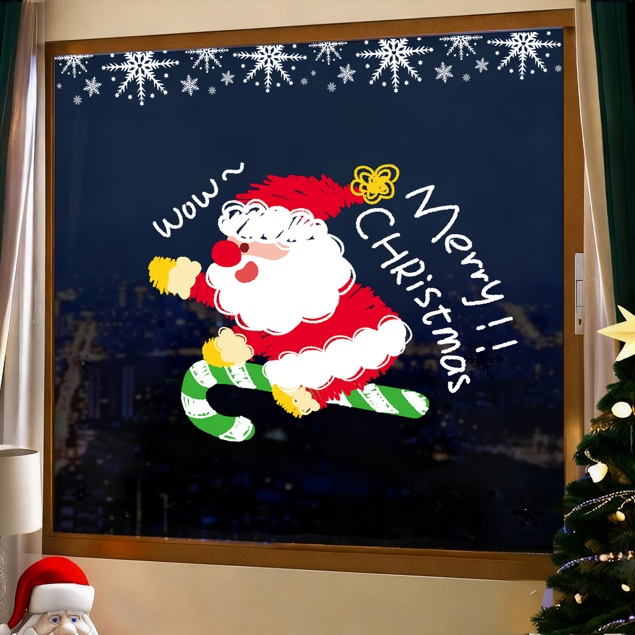 圣诞节装饰静电贴纸圣诞老人树耶诞店铺场景布置氛围玻璃门橱窗贴