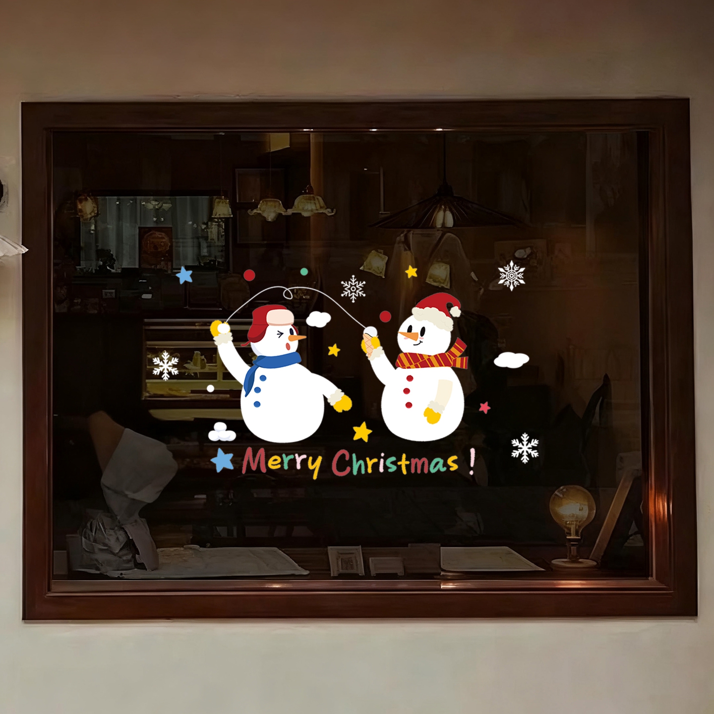 圣诞节装饰品雪人卡通手绘玻璃门贴纸商场橱窗氛围布置静电窗贴画