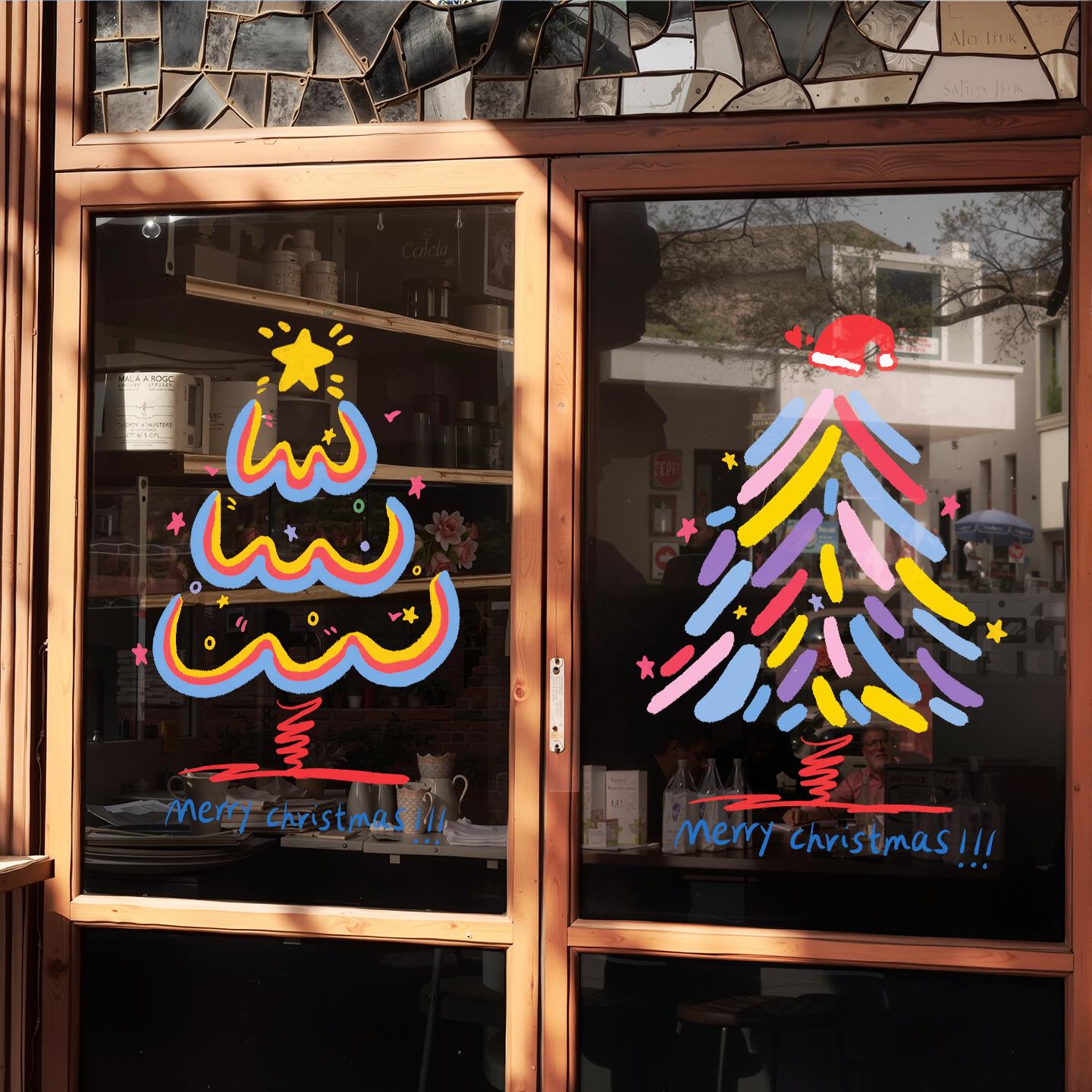 圣诞装饰静电玻璃贴纸门窗户商场店铺橱窗贴画彩色线条圣诞树手绘图片