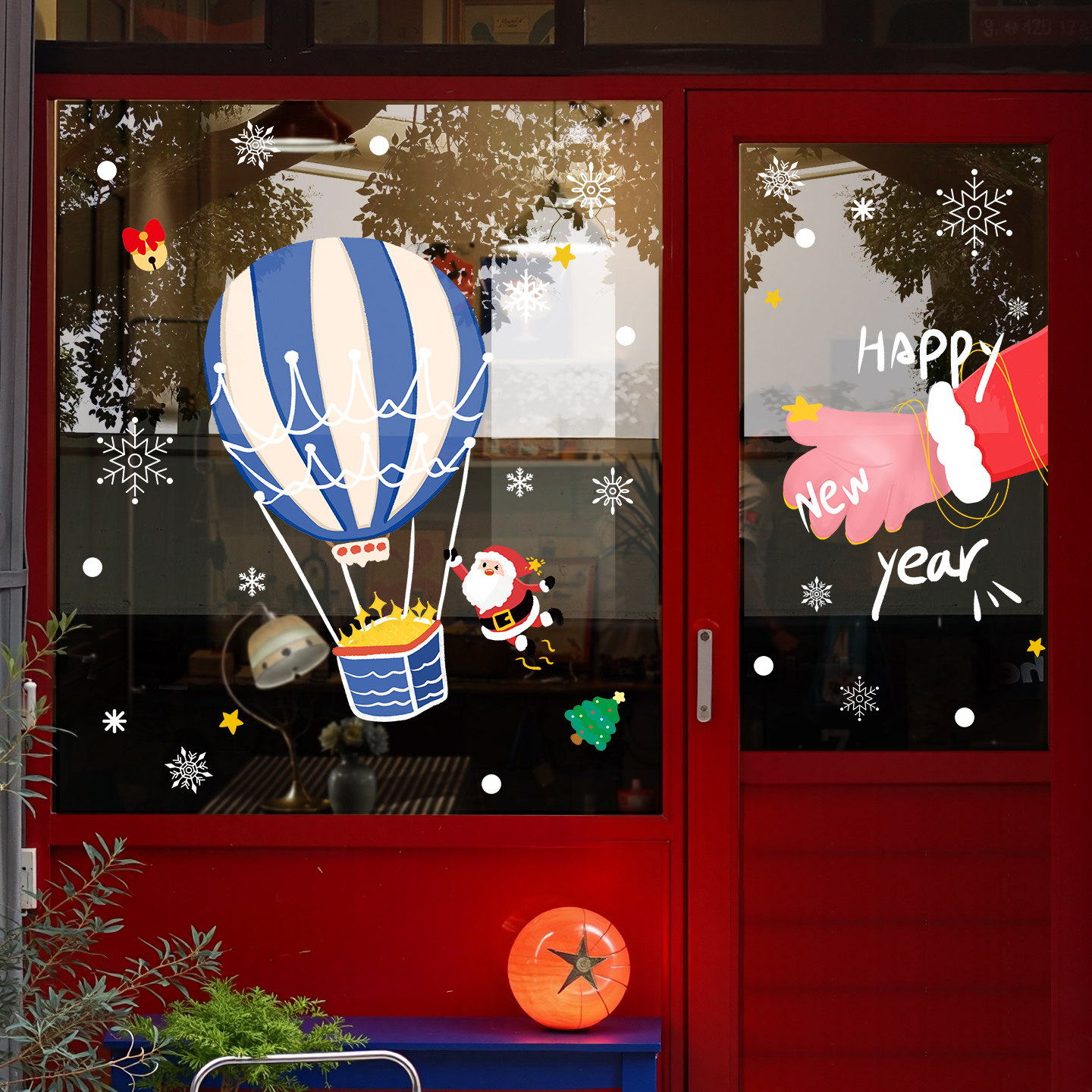 圣诞老人热气球静电玻璃贴纸玻璃门贴圣诞装饰品卡通手绘窗花2025