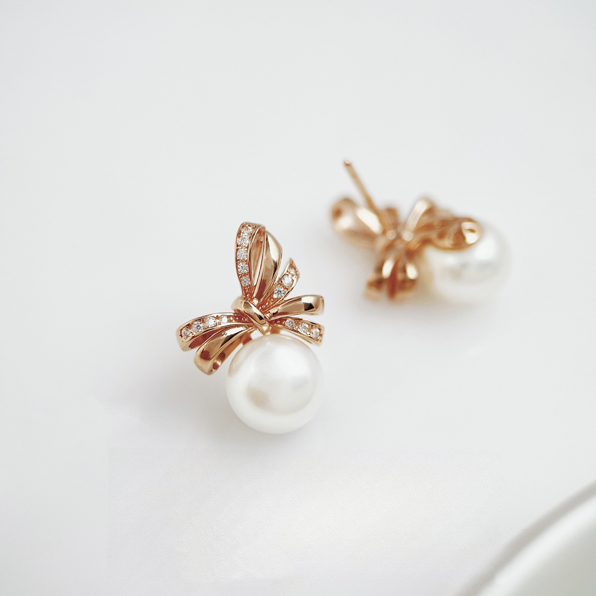 设计师原创新品925银耳饰女正圆冷光澳白施家珍珠蝴蝶结耳钉