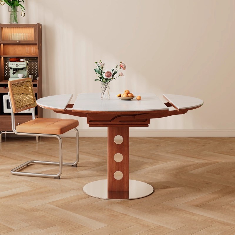 中古风可伸缩岩板餐桌家用v小户型轻奢覆古折叠实木餐桌可变圆桌
