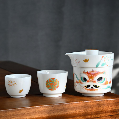 羊脂玉白瓷醒狮旅行茶具白领便携一壶三杯办公茶具中式高档快客杯