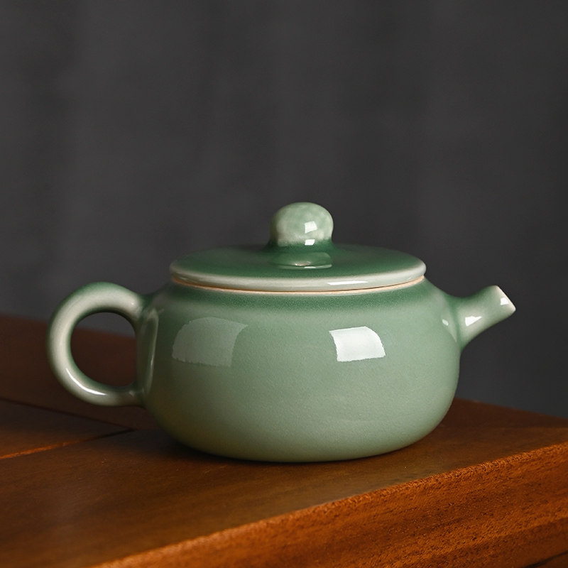 青瓷荔枝茶壶功夫茶具原矿釉纯色陶瓷泡茶壶蚯蚓走泥纹高档泡茶器
