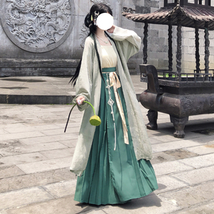 梦桑塔大码汉服宋制长衫百褶裙绿色系夏季防晒日常套装显瘦显白女