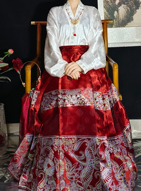 现货红色螺钿高级感马面裙梯形新款飞机袖大码日常可上班穿的汉服