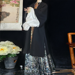 梦桑塔汉服毛呢外套黑色马面裙螺钿加绒冬季保暖大码新年龙纹新品