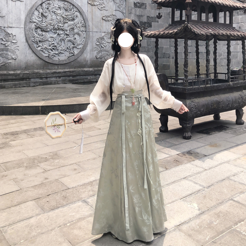 梦桑塔绿色系大码汉服唐圆领天丝外衫夏季改良日常通勤女提花国风