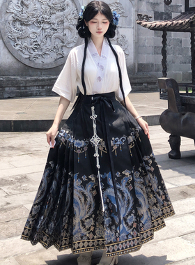 梦桑塔大码汉服黑色凤凰马面裙夏季短袖上衣日常可穿女绣花织金