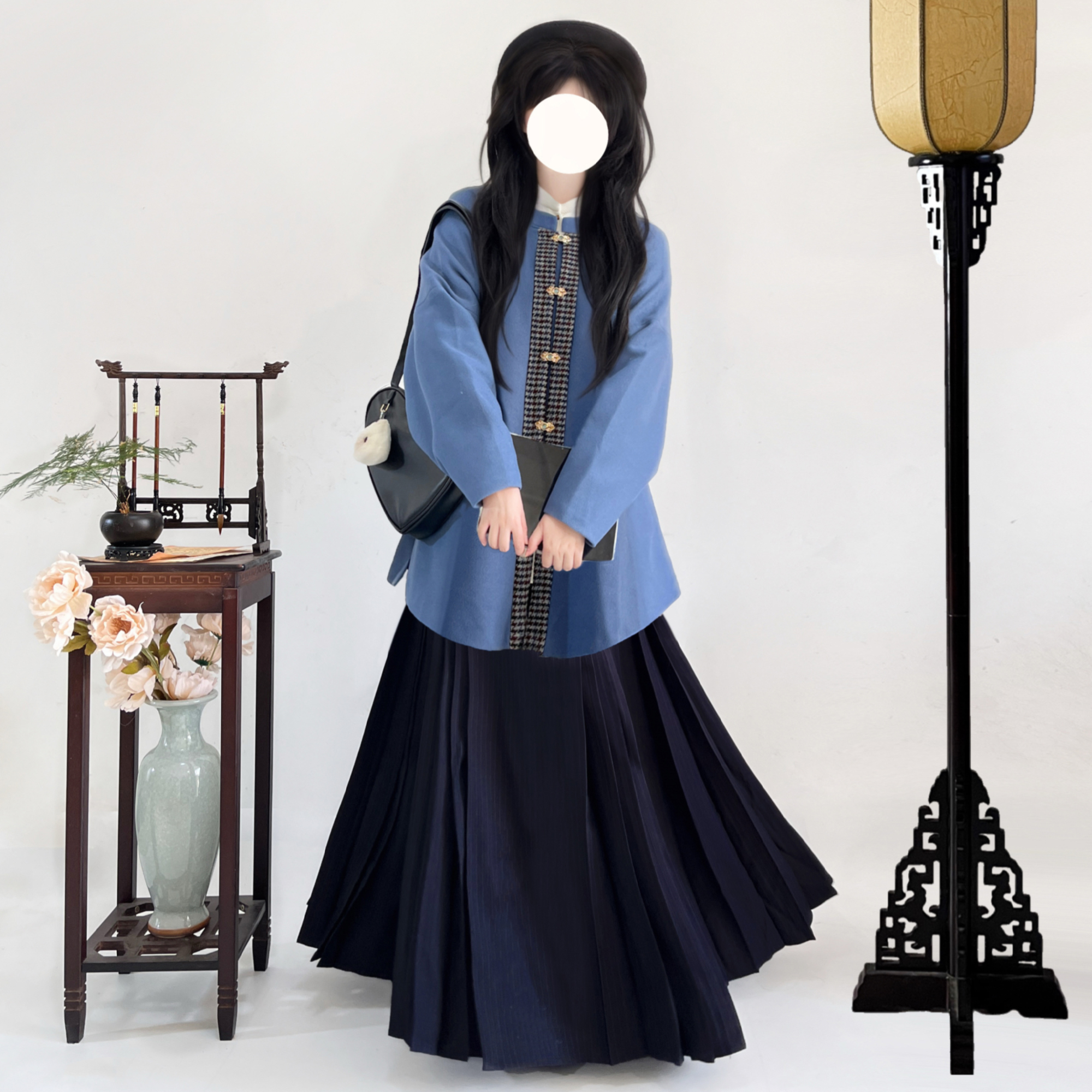 梦桑塔秋冬【霜染】日常明制汉服大码长款圆领弓袋袖长款蓝色毛呢