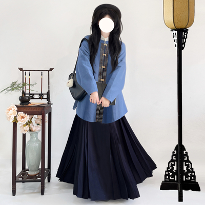 梦桑塔秋冬【霜染】日常明制汉服大码长款圆领弓袋袖长款蓝色毛呢