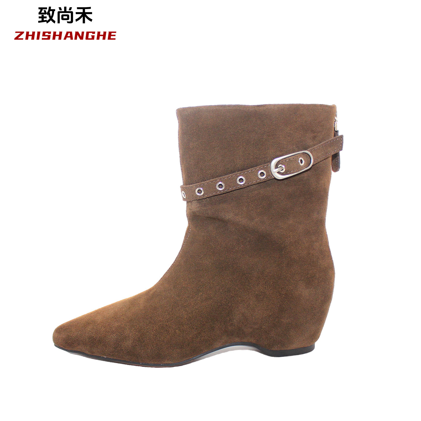 致尚禾欧美棕色尖头坡跟短靴女冬
