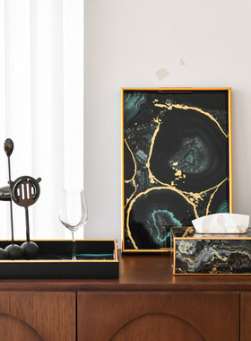 现代简约黑金边玛瑙石纹托盘摆件