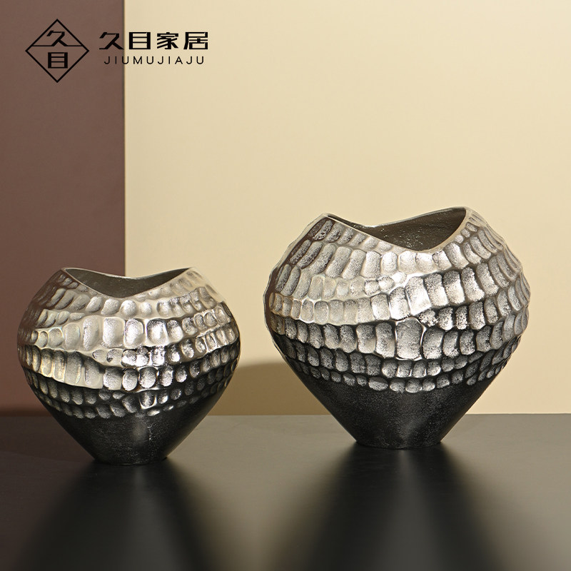 银色锤纹花器样板间装饰品铝简约