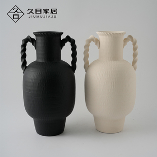 新中式家居装饰品黑色素白色双耳陶瓷大花瓶摆件客厅插花复古花器