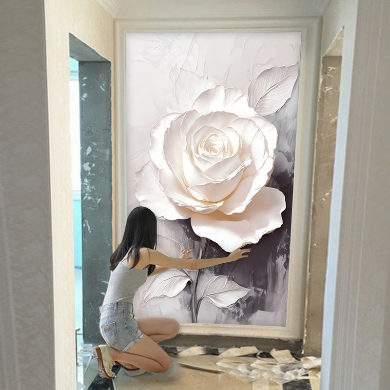 现代3d立体玫瑰玄关背景墙壁纸艺术餐厅壁画高级感服装档口墙布8d