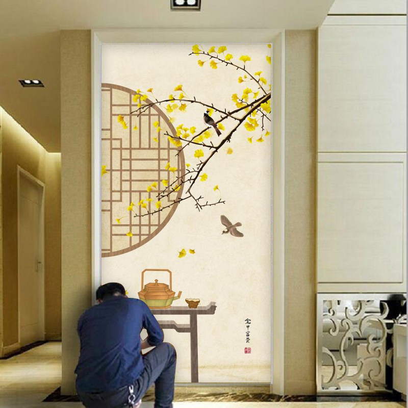 花鸟中国风书房客厅壁画8d