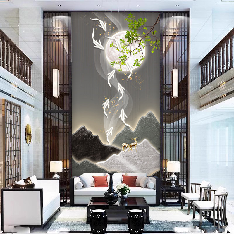 轻奢九鱼图现代玄关进门墙壁纸3d立体简约走廊挑高壁画墙布防潮