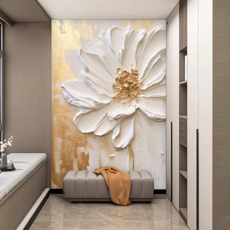 奶油风玄关轻奢背景墙壁纸花朵入户进门墙艺术3d立体走廊过道壁画
