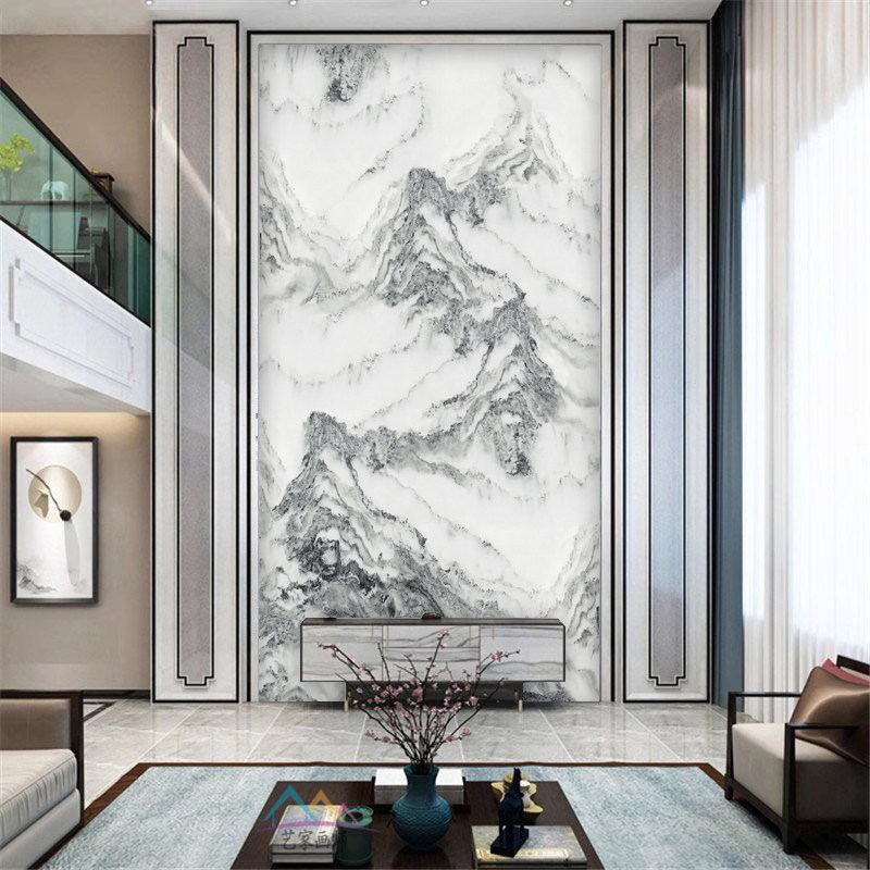 现代轻奢仿大理石山水复式电视背景墙壁纸玄关客厅墙布楼梯口壁画