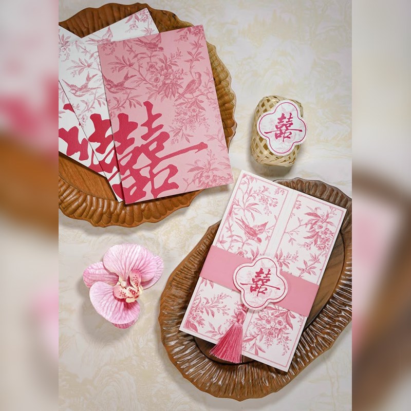 现货速发新品新中式高级版手绘线描花鸟结婚婚礼请柬邀请函粉色系