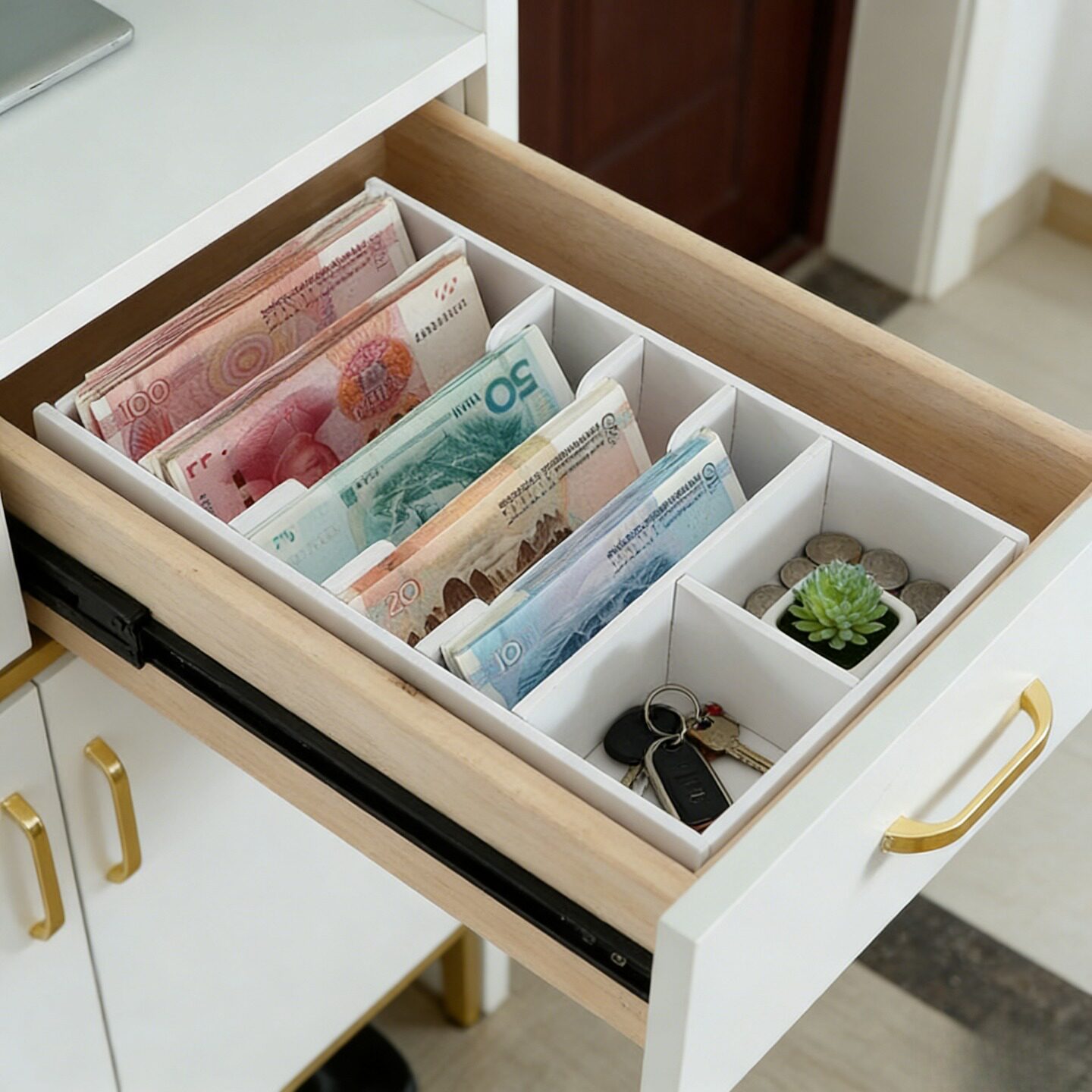 桌面零钱收纳盒财务钱币收纳盒纸币收银抽屉整理架收钱盒子零钱盒