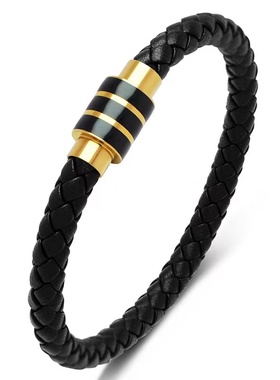 黑皮磁扣编织手链男士简约个性潮男手链复古时尚百搭手链男皮绳