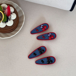 女 森系甜美少女红蓝波浪撞色樱桃发夹学院风百搭鸭嘴夹刘海夹新款