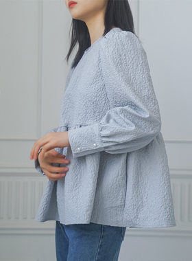 乐天日系新品 春夏长袖压花女式衬衫暗花纹宽松女上衣 亚马逊新款