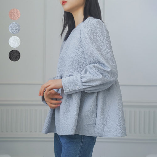 乐天日系新品 春夏长袖压花女式衬衫暗花纹宽松女上衣 亚马逊新款