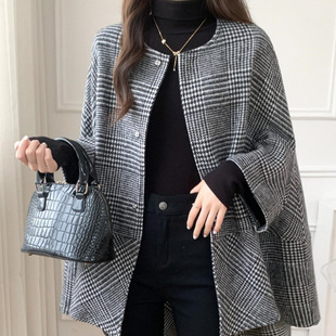 日韩冬季新款格子毛呢大衣女潮流时尚中长款开衫呢子外套跨境外贸