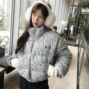 跨境2025冬季日韩甜美小碎花满印立领外贸羽绒棉服女宽松加厚百搭