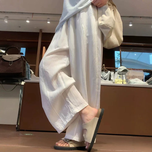 白色气球亚麻阔腿裤女夏季薄款高腰宽松慵懒休闲小个子棉麻弯刀裤