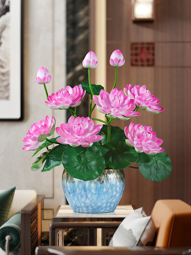 高端模拟荷叶荷花佛寺客厅中式花饰禅宗佛前拜人造花