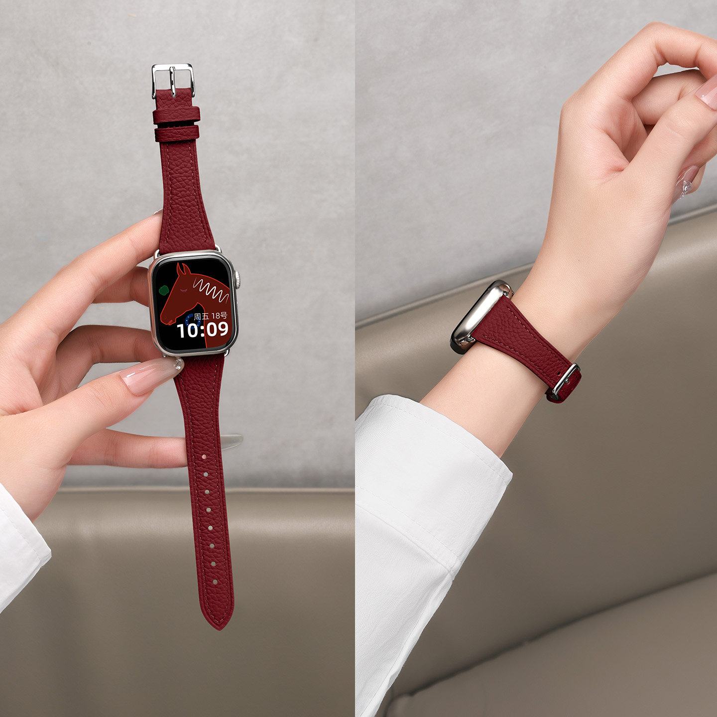 勃艮第酒红真皮表带适用于apple watch 1-12代智能手表iwatch12苹果手表表带ultra4新款荔枝纹se男女替换腕带