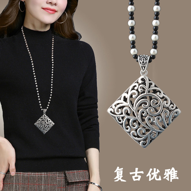 百搭藏银项链女文艺复古长命锁吊坠民族风长款毛衣链衣服配饰挂件