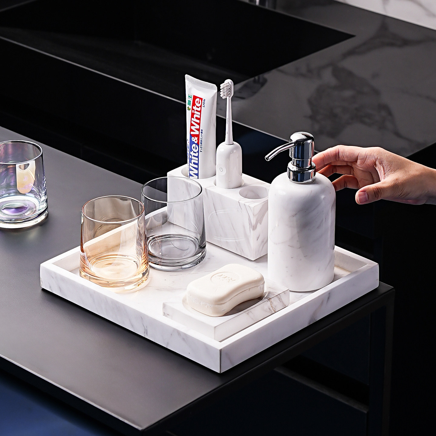 大理石牙刷牙膏架别墅卫生间双台盆置物架洗漱台面牙具漱口杯收纳