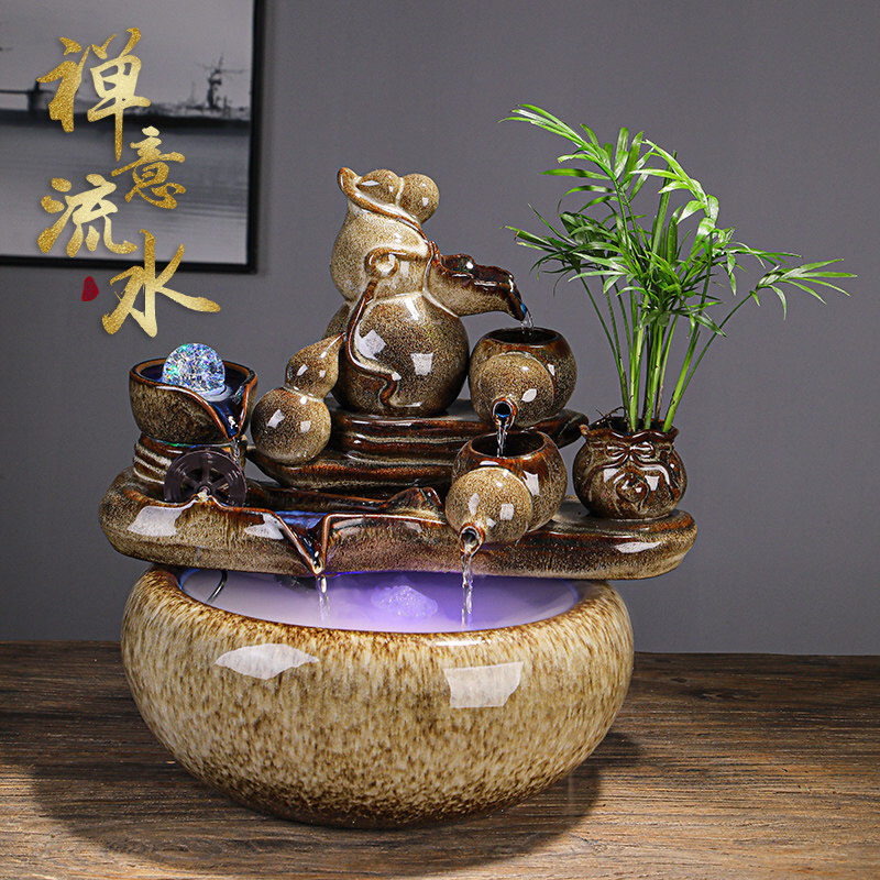 陶瓷雾化风水轮摆件 葫芦招财循环水喷泉 适用客厅装饰与送礼佳品