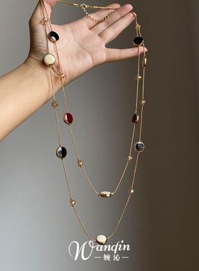 中古金色圆牌串珠项链2025新款复古轻奢高级感设计气质长款锁骨链