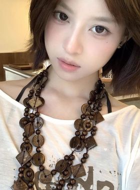 波西米亚多层椰壳串珠项链新中式民族风毛衣链高级感云南度假颈链