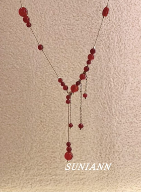 超显白红色流苏串珠项链女新中式复古气质锁骨链新年百搭喜庆配饰