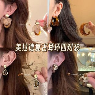 暮秋美拉德复古网纱圈圈花瓣咖色高级耳环2025气质耳钉耳饰饰品