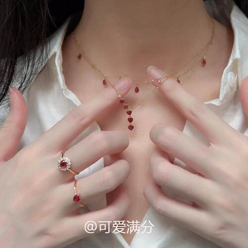 「绯红流光」法式复古风红色爱心水滴项链叠戴简约时尚百搭锁骨链