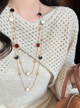 老钱风~中古双层叠戴金属项链女时尚复古日常百搭挂脖毛衣链配饰